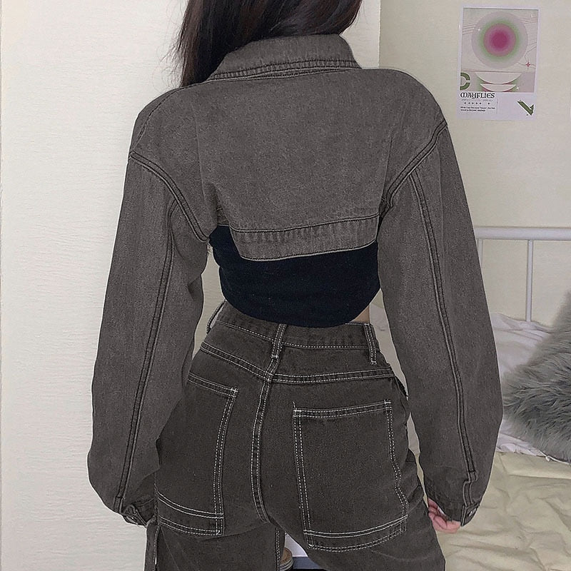 Y2K Solid Cropped Denim Jacket Women Autumn Vintage Sexy Kpop Streetwear Jeans Down Coat Female Winter 2020 E Girl Top Iamhotty