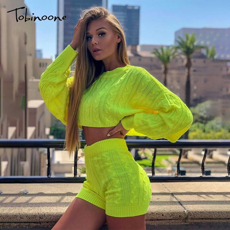 Tobinoone Two Piece Set Women Set Autumn Winter Outfits Long Sleeve Knitted Sweater Top And Shorts Pants Suit Sexy Sweater Set