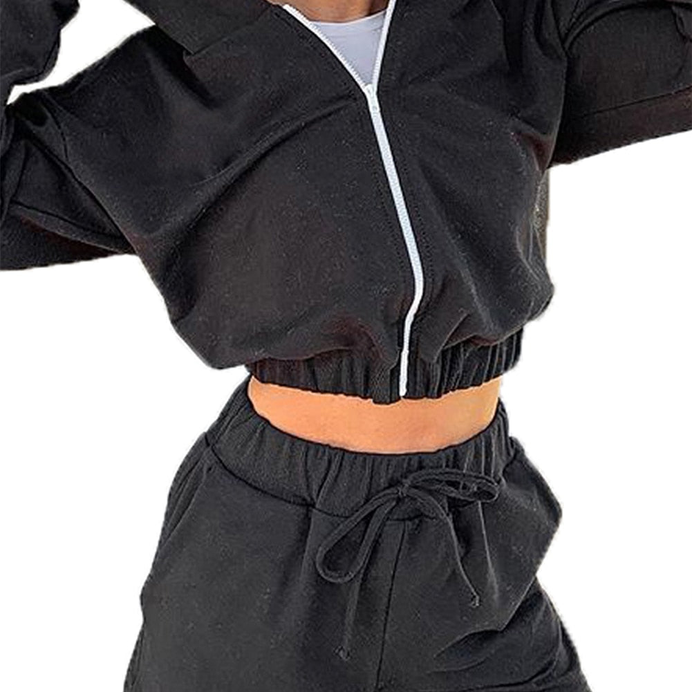 Autumn New Fashion 2Pcs Sports Clothing Suit Casual Womens Girls Zipper Sweater Hoodie Long Sleeve Hoodies+High Wait Shorts Sets
