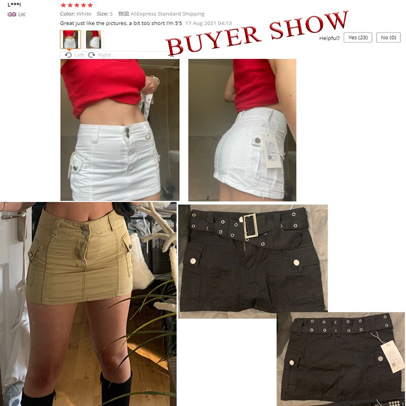 SUCHCUTE Streetwear Cargo Mini Skirts Women Harajuku Vintage 90s Casual Hight Waist Sexy Clubwear Clothes Belt Denim Short Skirt