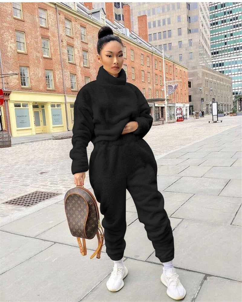 Women Two Piece Outfits Loose Casual Clothes Winter Plush Solid Color Turtleneck Sweater High Waist Elastic Waist Trousers Suit