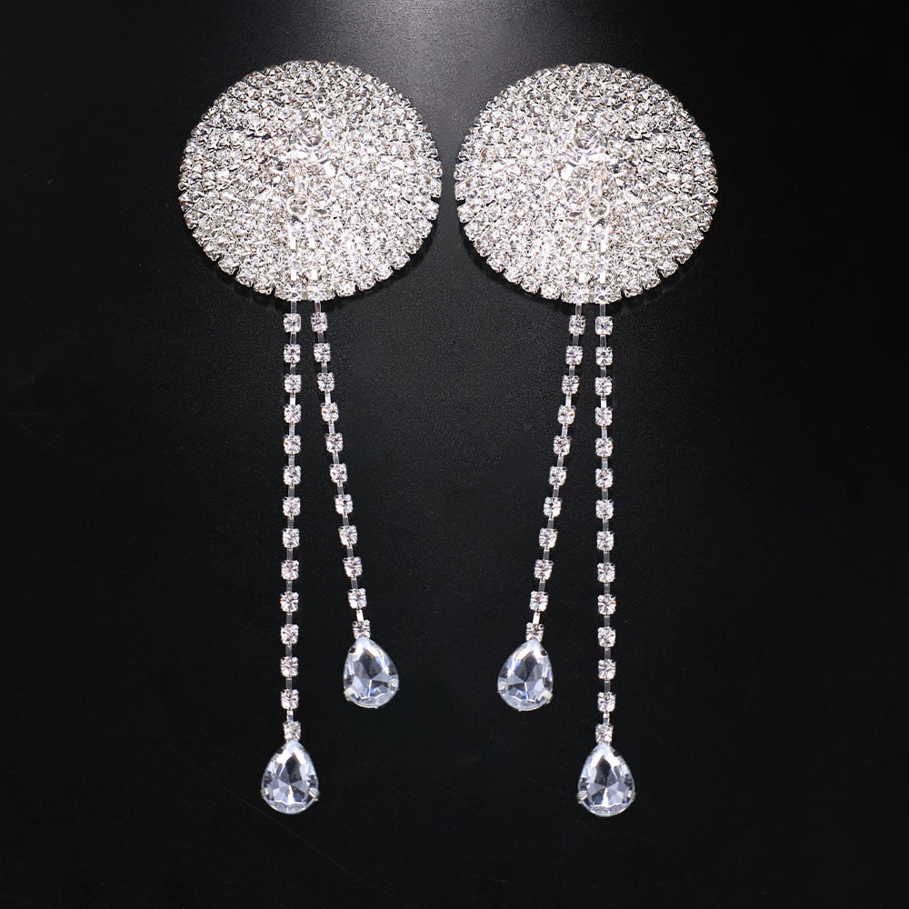 Stonefans 2 PCS Rhinestone Heart Tassel Nipple Stickers Breast Petals Women Sexy Body Chain Cover Nipple Pasties Sticker Jewelry