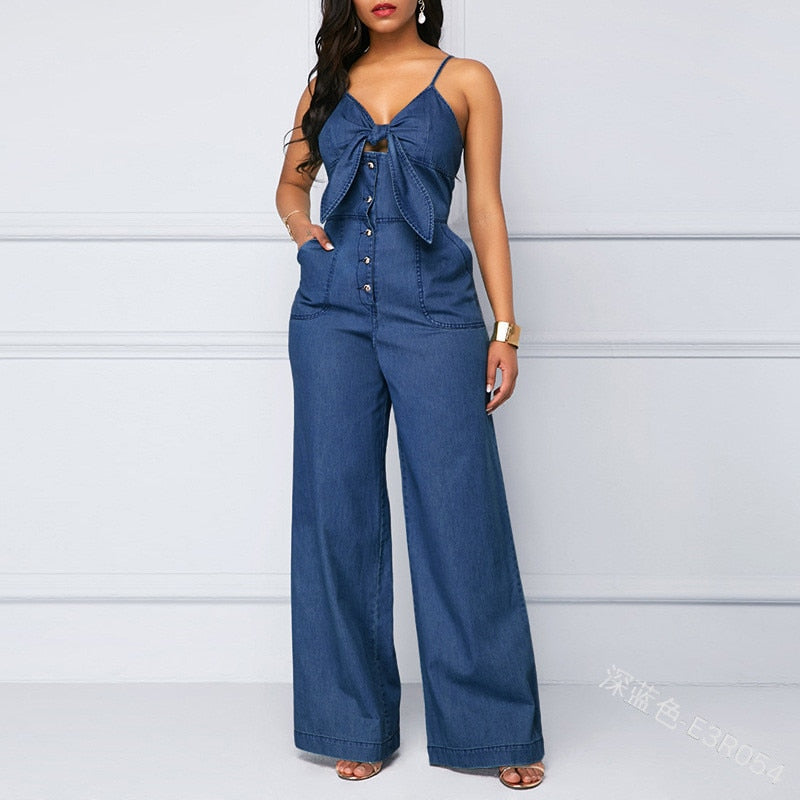 HIRIGIN Summer Women's Denim Jumpsuit Sexy High Waist Wide Leg Long Pants Romper Front Tie Knotted Jeans V-neck Overalls 2021