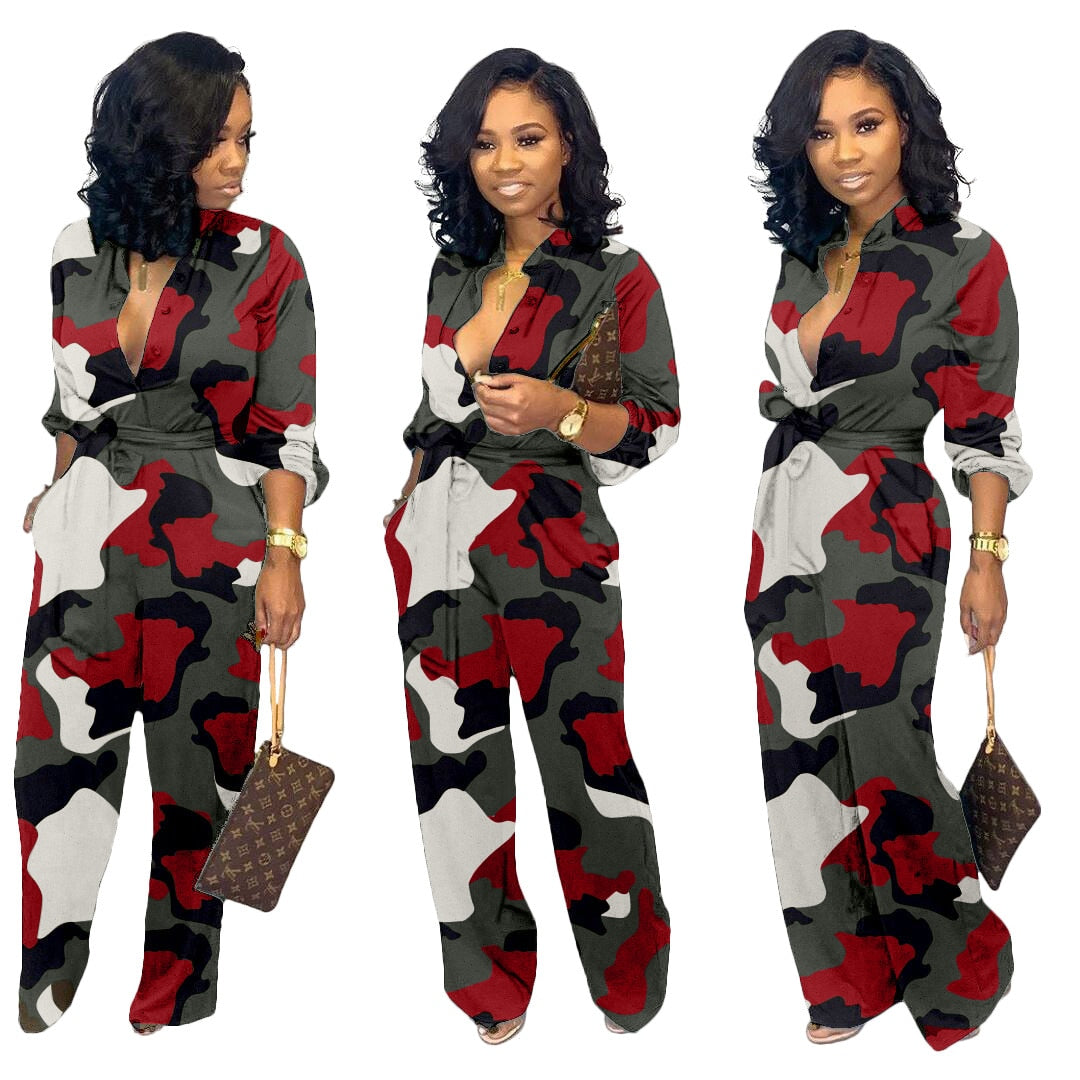 Camo Print Women Jumpsuit Autumn Long Sleeve Wide Leg Pants Elegant Rompers Casual Loose Plus size Overalls with Pocket