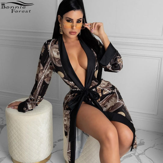 Bonnie Forest Womens Money Printed Sleep Mini Dress Lounge Wear 2022 New Fashion Belted Night Out Dress Homewear Party Club Robe