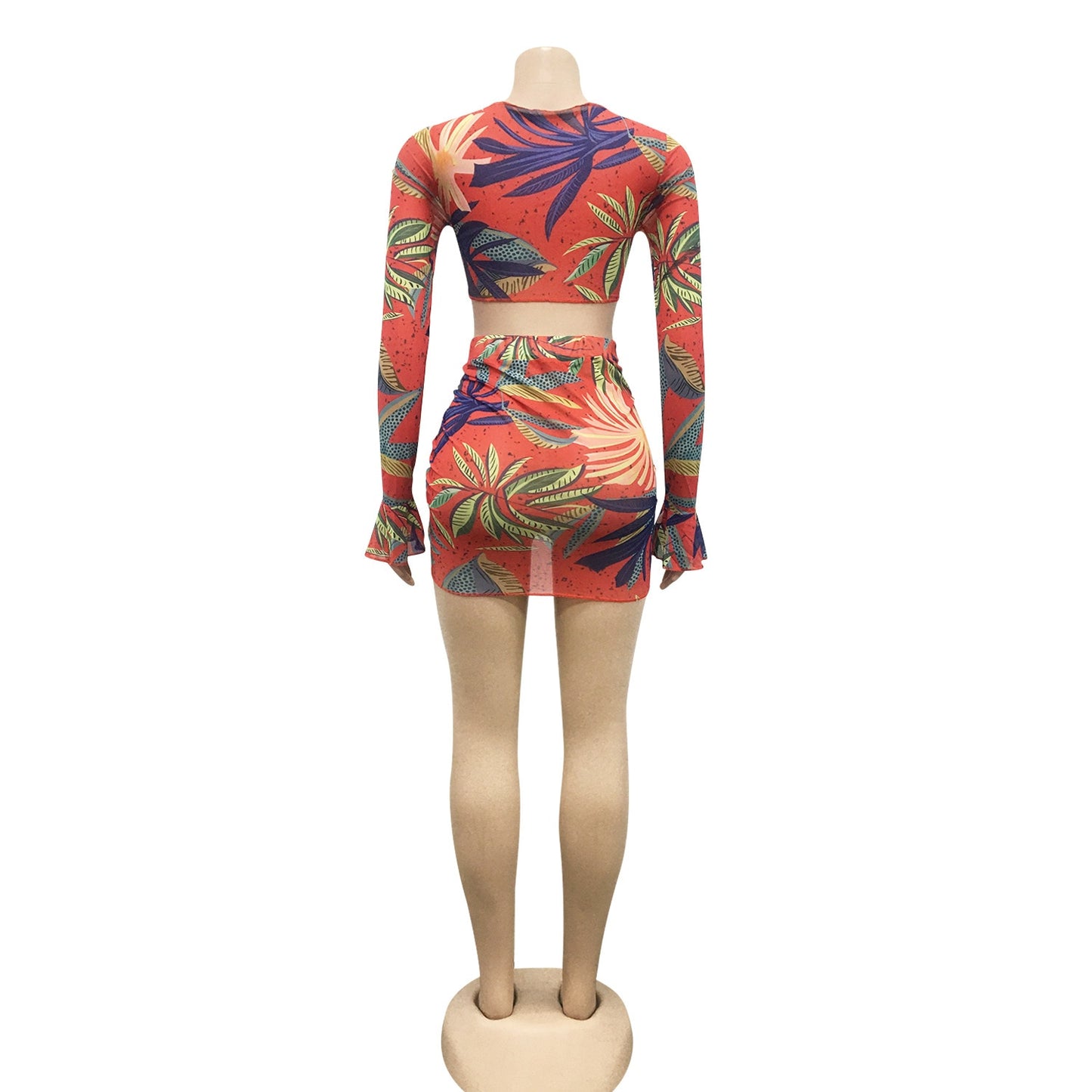 ANJAMANOR Tropical Floral Print Sheer Mesh Matching Skirt Set Sexy Beach Outfits Club Wear Two Piece Set Women 2021 D42-CG17