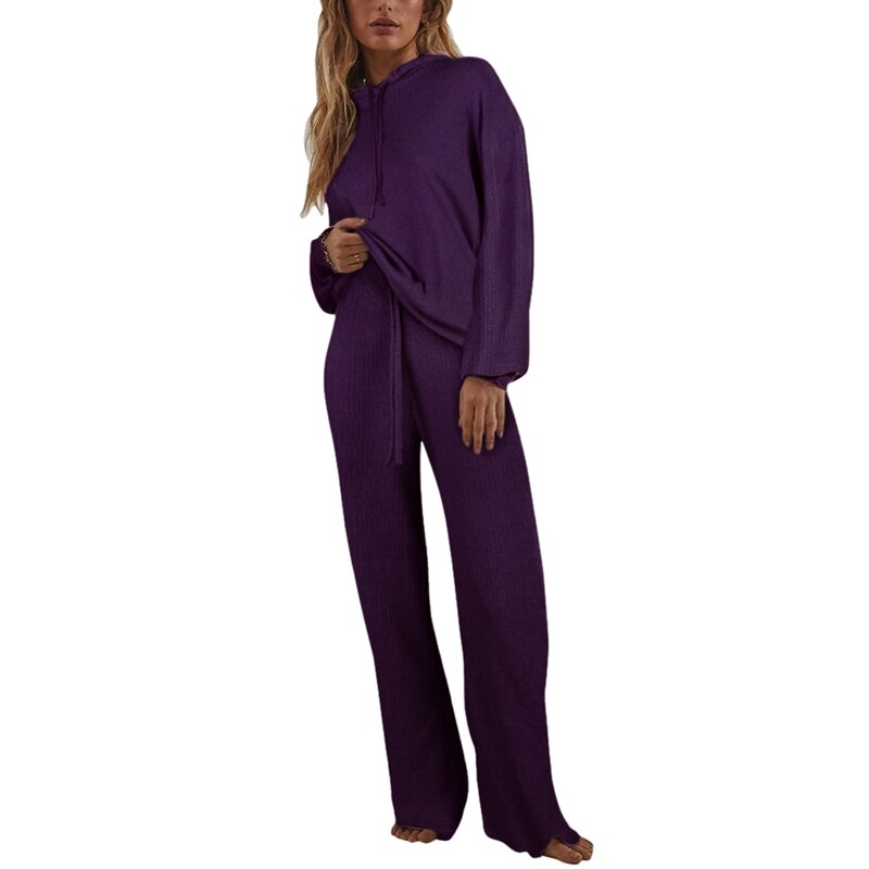 Autumn Knitted Sweat Suits Women Matching Sets Long Sleeve Hoodie+wide-legged Pants Loungewear Sweater Set Two Piece Outfits