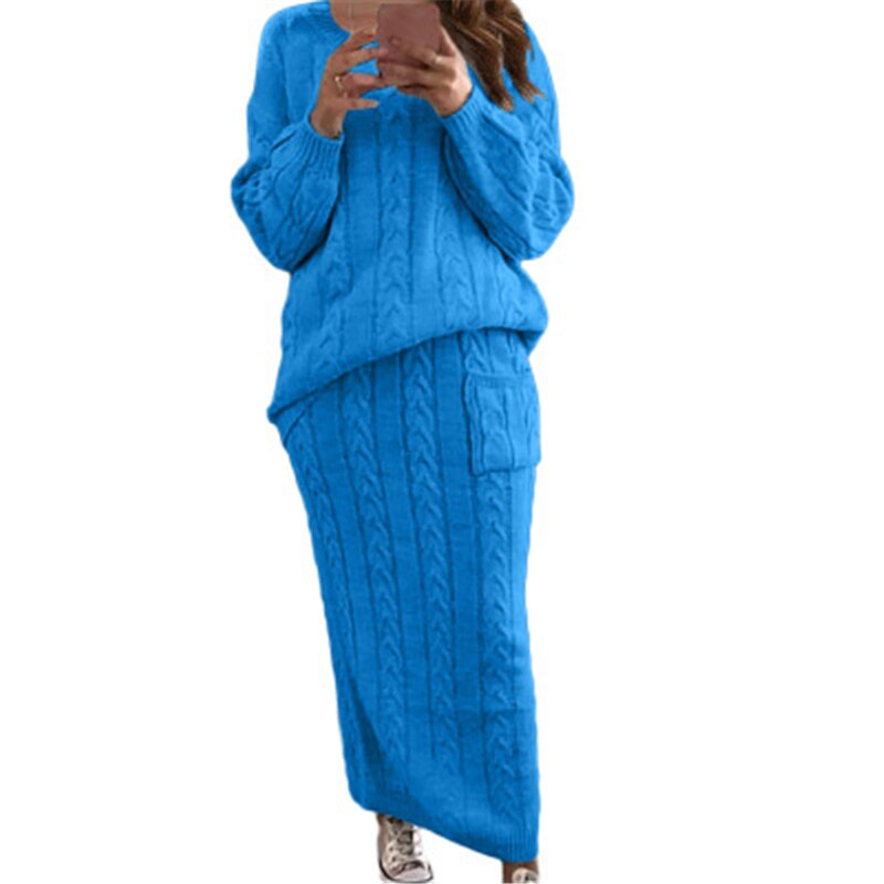 Fashion Streetwear Ribbed Knitted 2 Piece Outfits Full Sleeve Sweater Matching Set Plus Size Skirt Elegant Casual Fall Clothing