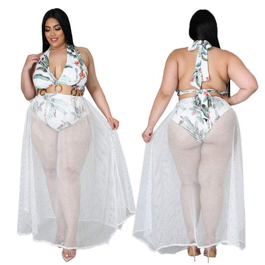 Women's Dress Sexy Deep V Buckle Hanging Neck Backless Lace-up Polyester Mesh Stitching Plus Size Dresses Wholesale Dropshipping