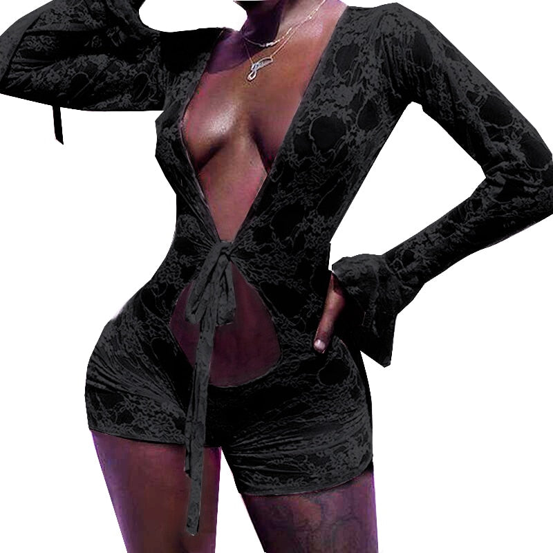 2021 Hot Sexy Women Mesh Sheer Hollow Out Rompers Onesies Shorts Pink Deep V-Neck Flare Sleeve Floral Bodycon Playsuit Jumpsuit