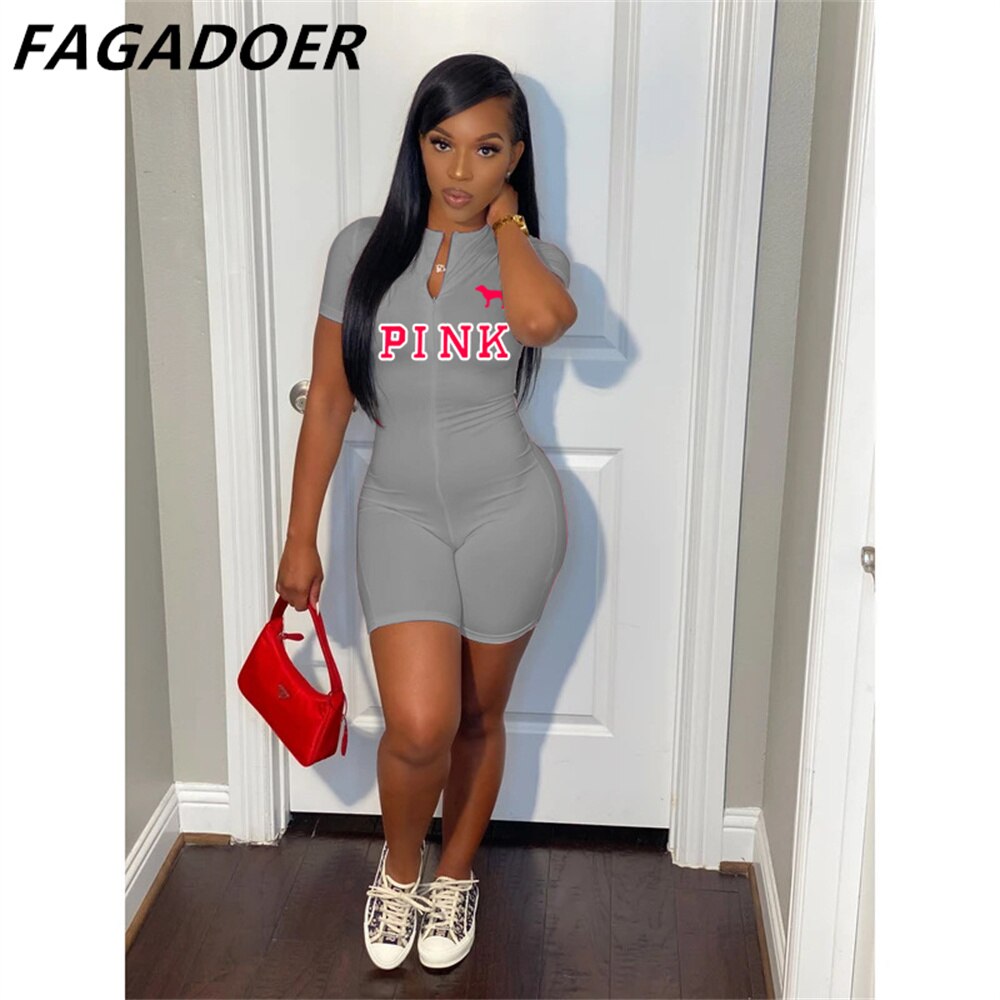 Casual Fashion  PINK Letter Print Skinny Playsuit Short Sleeve Solid Zipper Rompers Female Elastic Slim Bodysuits Summer Outfits