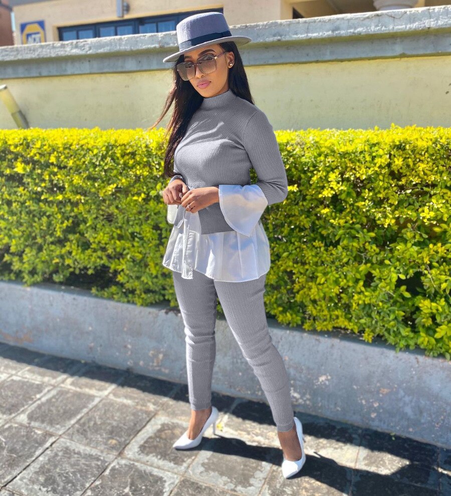 Two Piece Pant Suits Sets Turtleneck Sweater Long Sleeve Ruffle Trim Patchwork Knit Pullover Leisure Trendy Women Spring Autumn