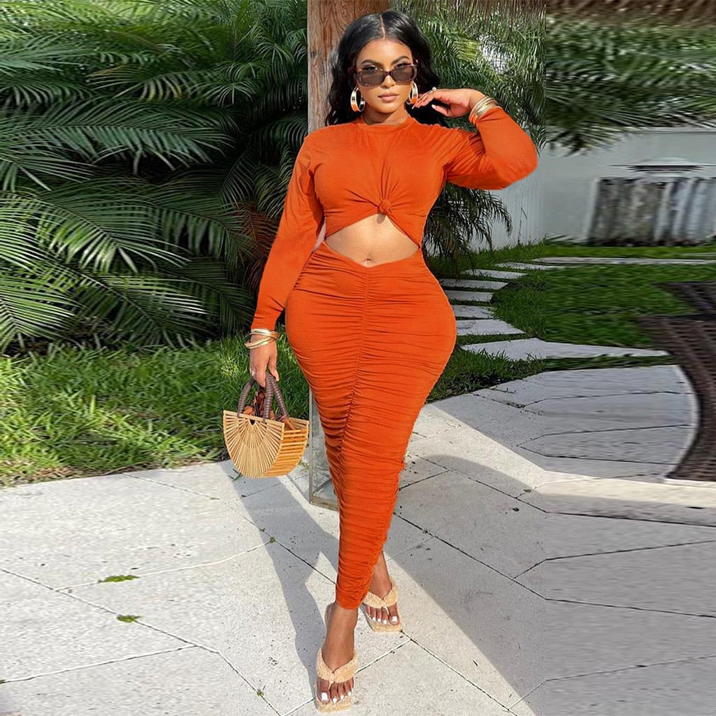 Sexy Long Pleated Dress Women Hollow Out Draped Bodycon Sundress Party Club Dresses Summer Clothings 2021