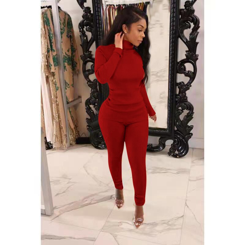 Lounge wear Knitted Rib Solid Tracksuit Women Casual Sport Fitness Turtleneck Sweater Top + Leggings Two Piece Set Club Outfits