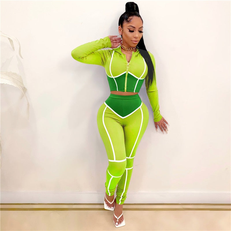 ANJAMANOR Caged Color Block Fashion Sweat Suits Women Tracksuit Zip Up Cropped Hoodie and Pants Two Piece Matching Sets D48-DE42