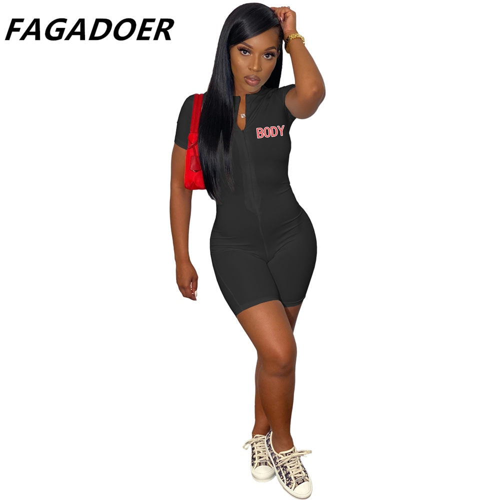 Casual Fashion  PINK Letter Print Skinny Playsuit Short Sleeve Solid Zipper Rompers Female Elastic Slim Bodysuits Summer Outfits
