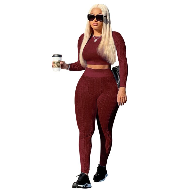Adogirl Sweater Patchwork Solid Two Piece Set Women Tracksuit Long Sleeve Crop Top High Waist Pants Stretchy Casual Suits