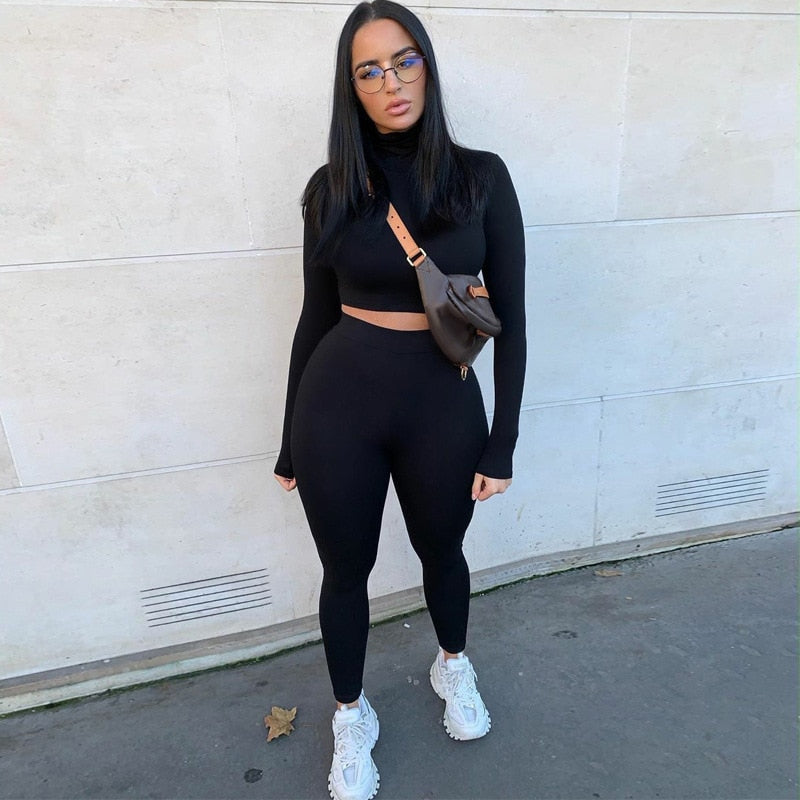 Winter Women Sport Fitness 2 Two Piece Set Outfits Long Sleeve Crop Tops Tshirt Leggings Pants Set Bodycon Tracksuits Women's