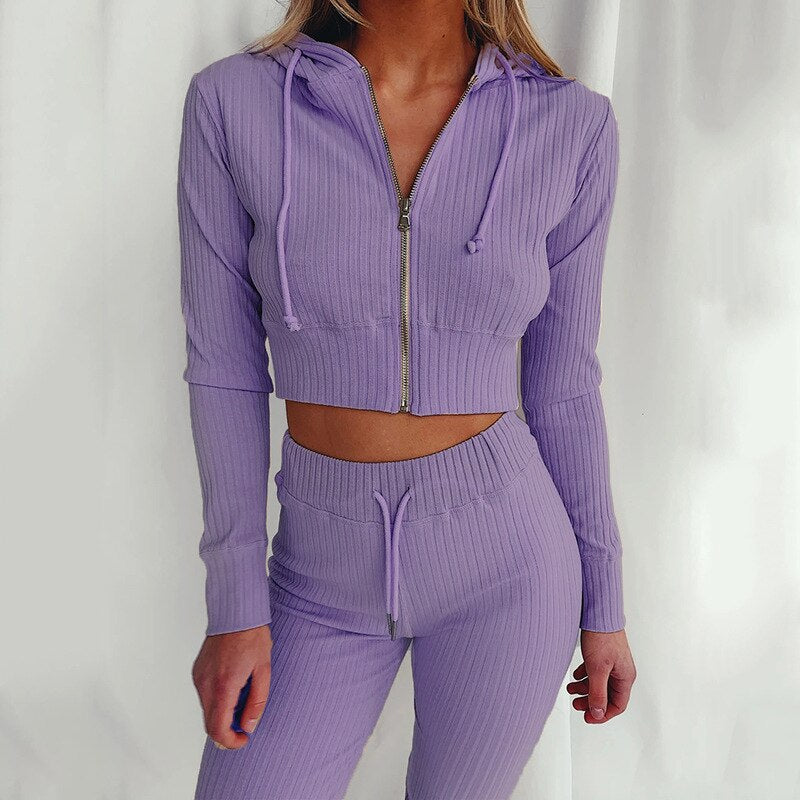 Ribbed Hoodie Two Piece Set Tracksuit Women Long Sleeve Sweatshirt Pencil Pants Suit Joggers Sport Fitness Outfits Sweatsuits