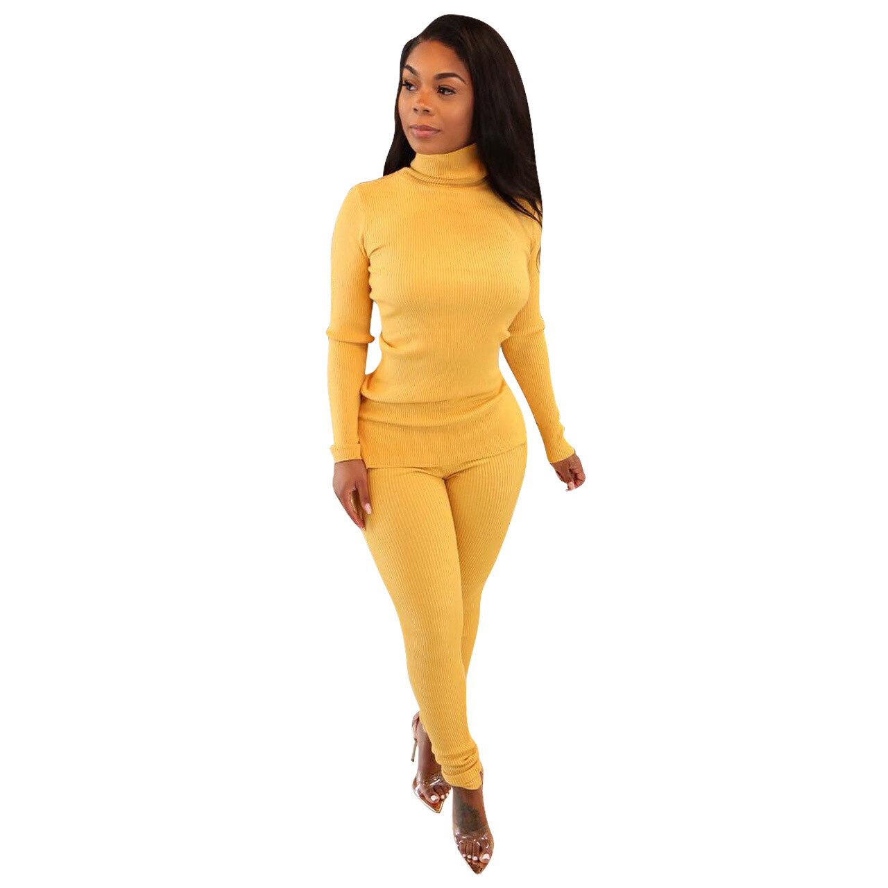 Lounge wear Knitted Rib Solid Tracksuit Women Casual Sport Fitness Turtleneck Sweater Top + Leggings Two Piece Set Club Outfits