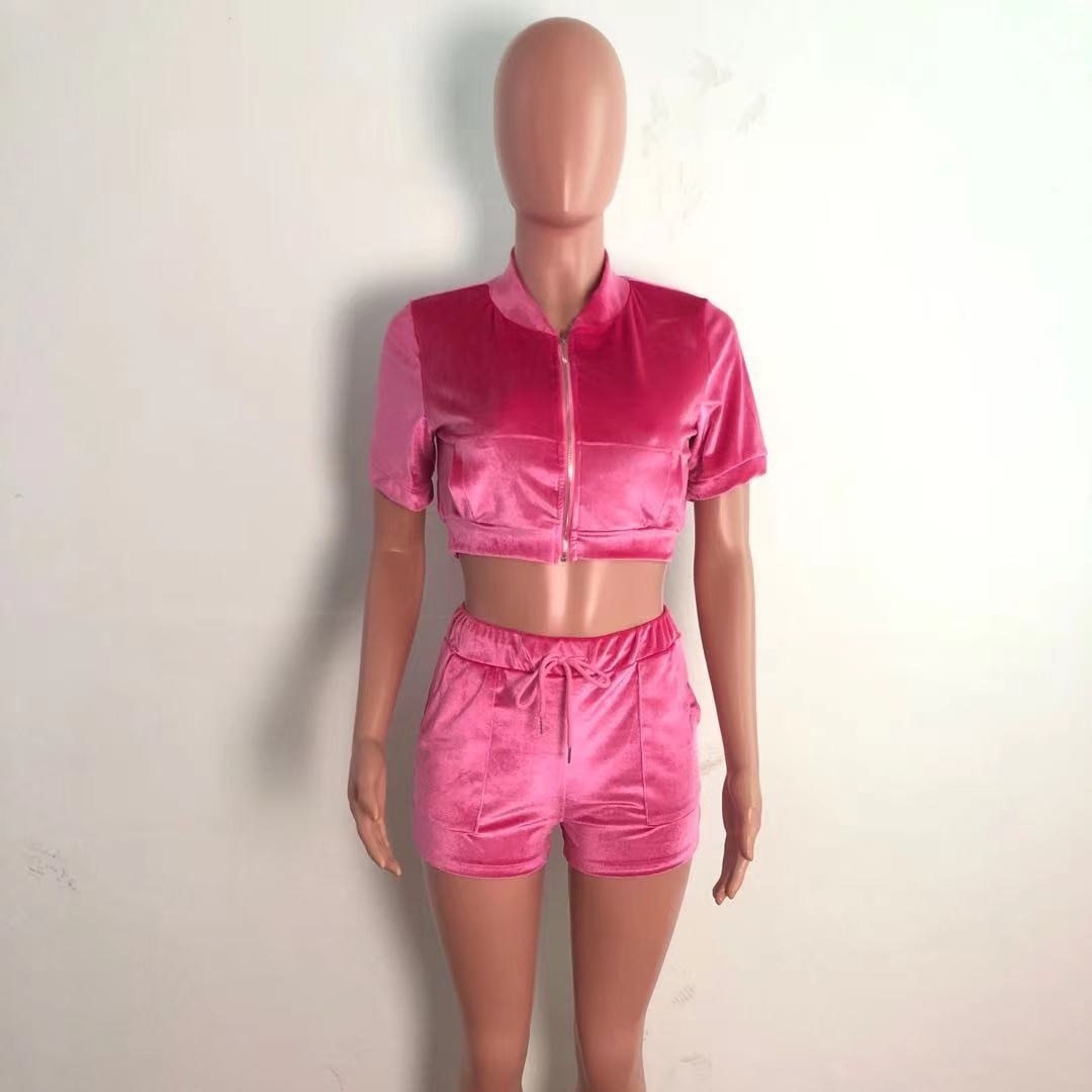 ANJAMANOR Sexy Two Piece Set Zip Up Cropped Jacket Top with Shorts Wholesale Items Velvet Tracksuit Short Pants Women D30-DD33