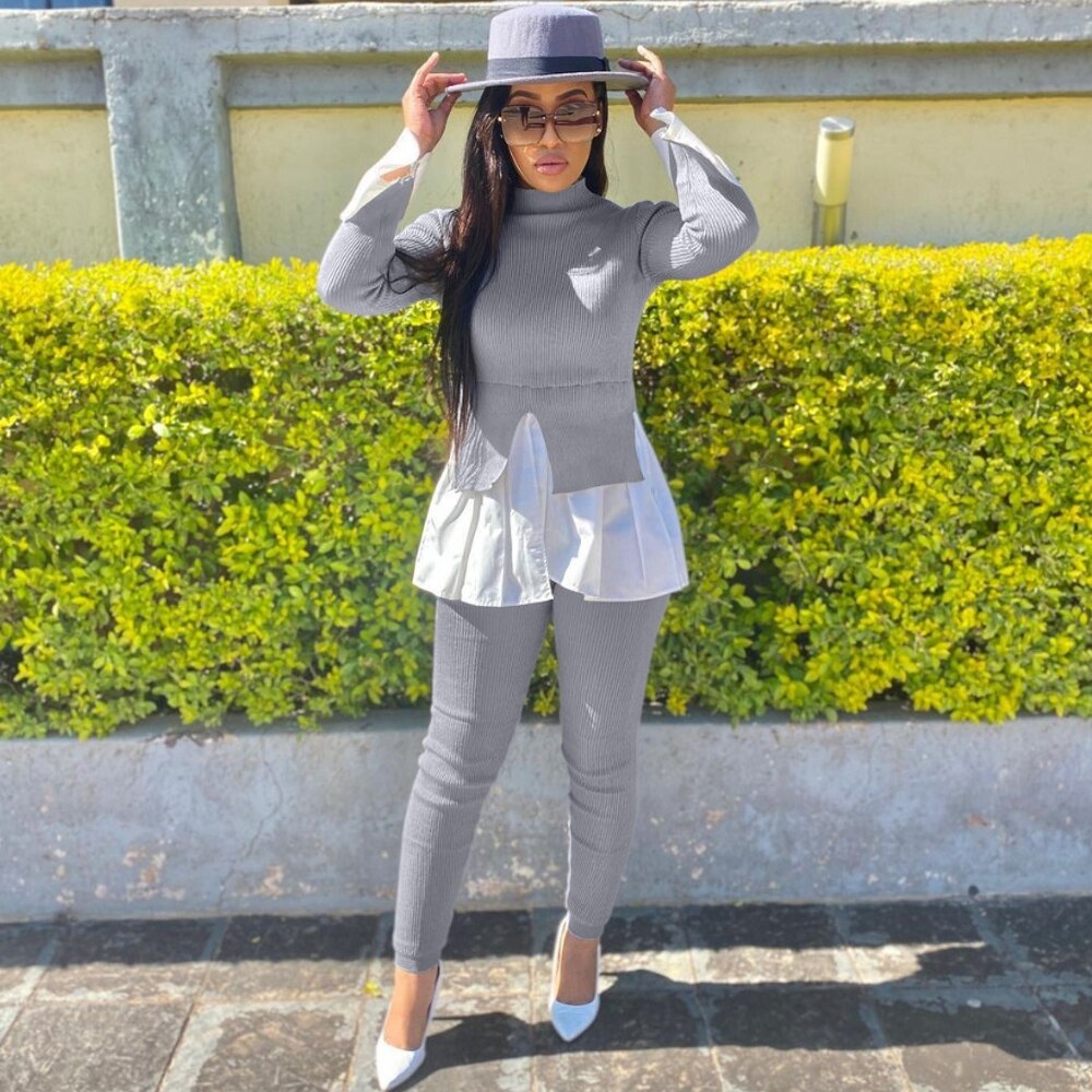 Two Piece Pant Suits Sets Turtleneck Sweater Long Sleeve Ruffle Trim Patchwork Knit Pullover Leisure Trendy Women Spring Autumn