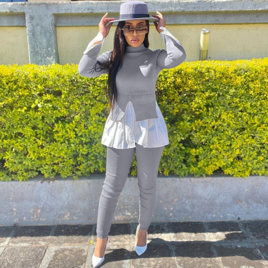 Two Piece Pant Suits Sets Turtleneck Sweater Long Sleeve Ruffle Trim Patchwork Knit Pullover Leisure Trendy Women Spring Autumn