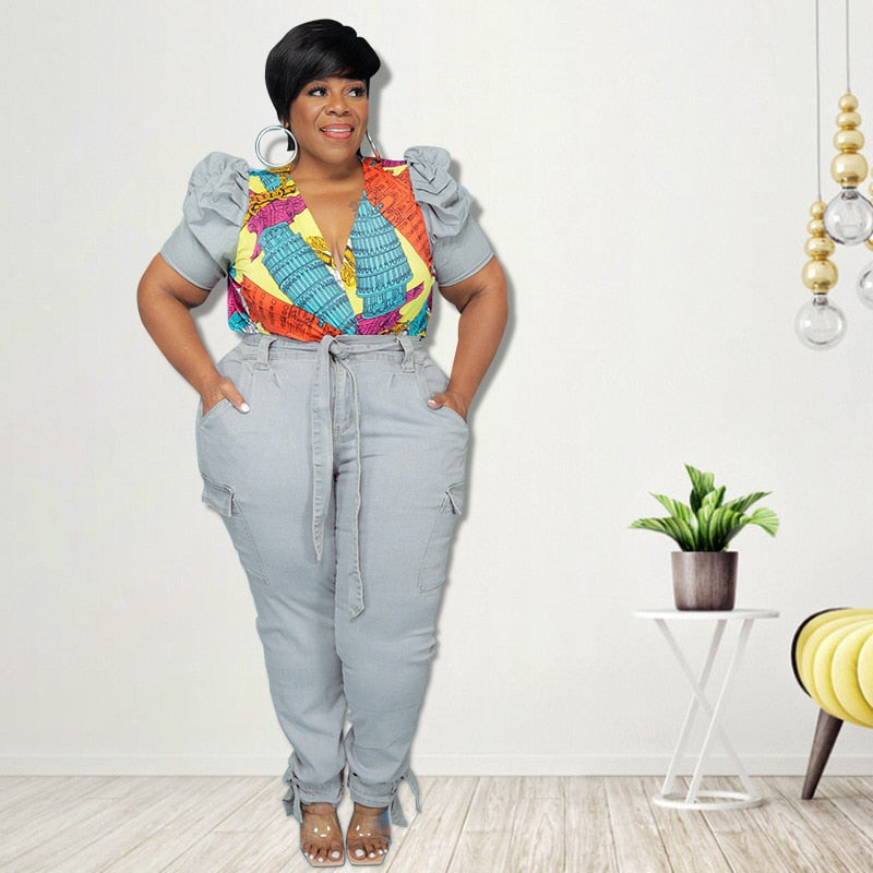 Plus Size Tracksuit Women Two Piece Set Autumn Clothes Denim V Neck Top and Jeans Pants Leisure Suits Female Casual Outfits