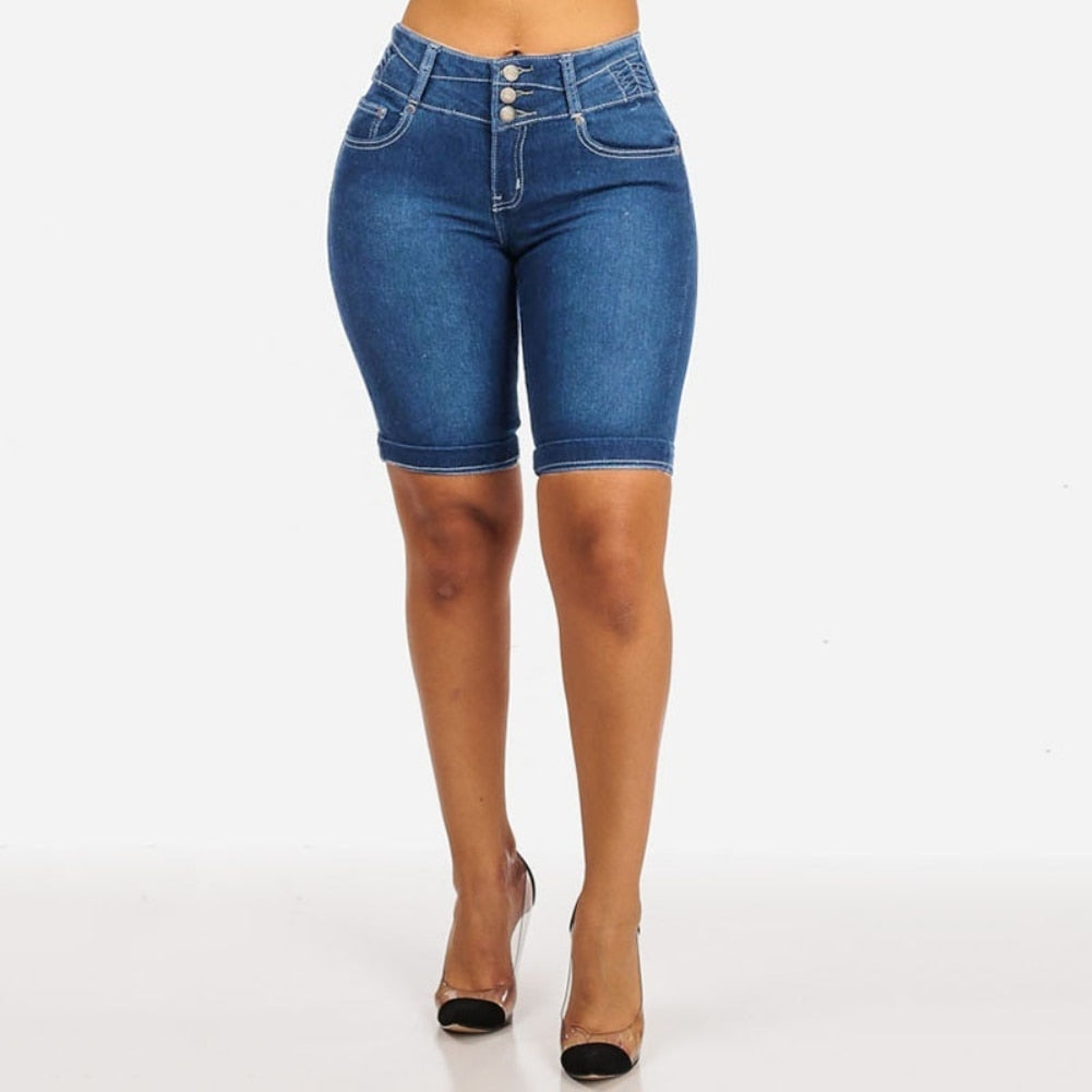 New Sexy Fashion Women Ladies Denim Skinny Shorts High Waist Stretch Bodycon Jeans Slim Shorts Knee Length Stretch Short Jeans