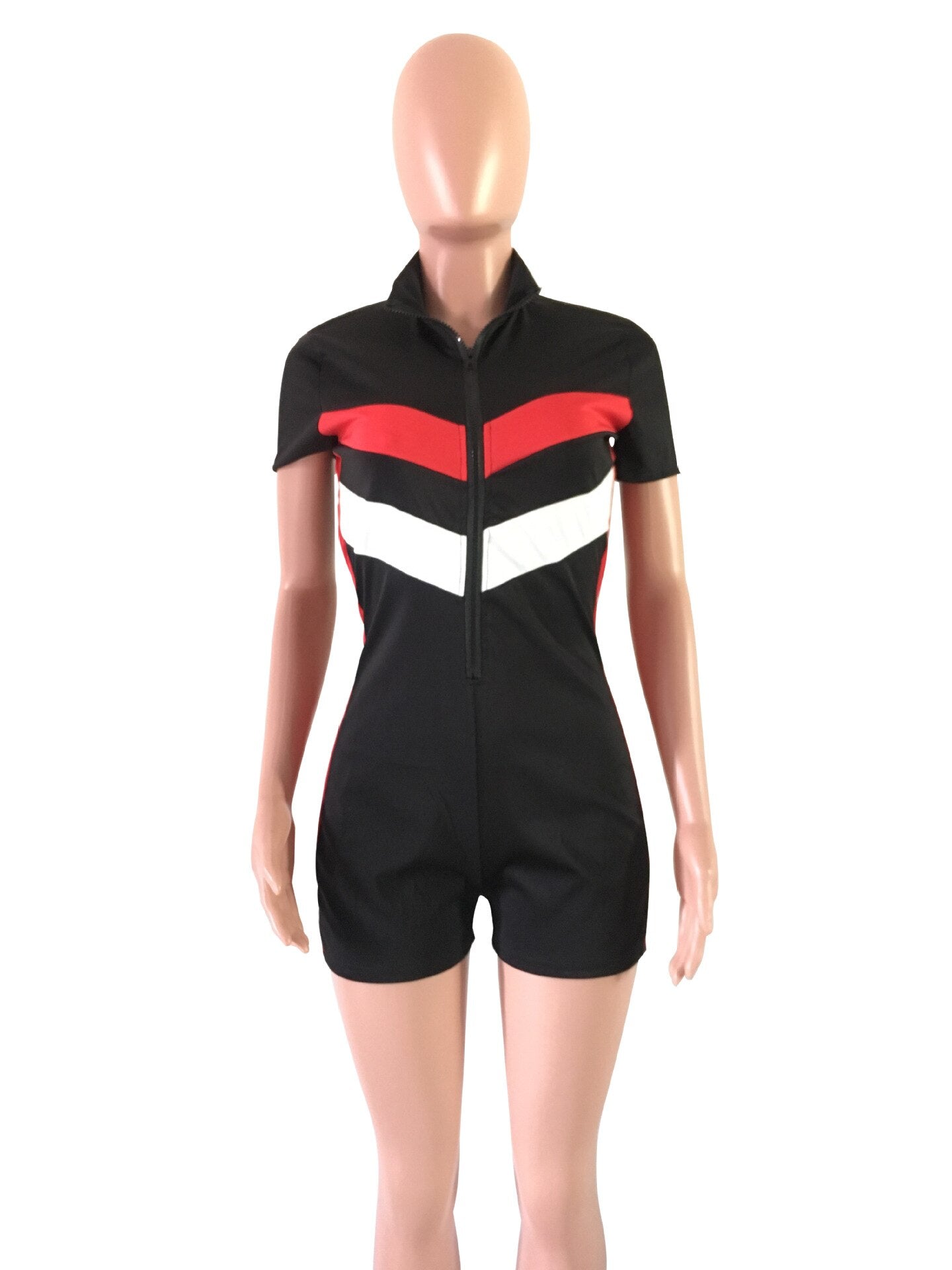 Romper Playsuit Shorts Jumpsuit Women Rumpers Fashion Zipper V Collar Short Sleeve Rompers Overall Leopard Patchwork Bodysuit