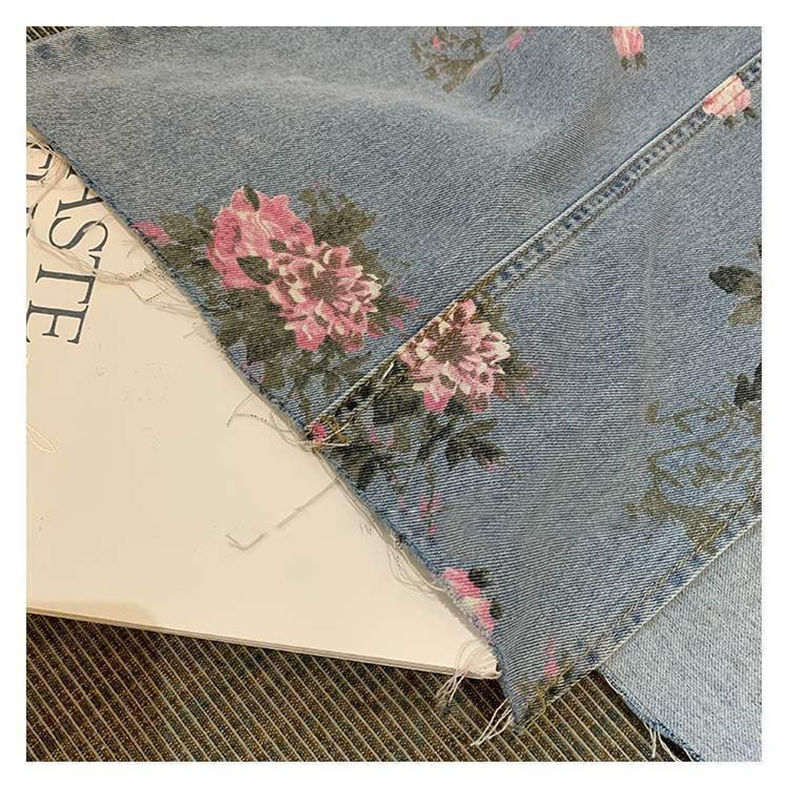 Streetwear Vintage Flowers Print Long Denim Skirts Summer 2021 High Waist Slim Sexy Open Split Straight Skirt Jeans Saias Female
