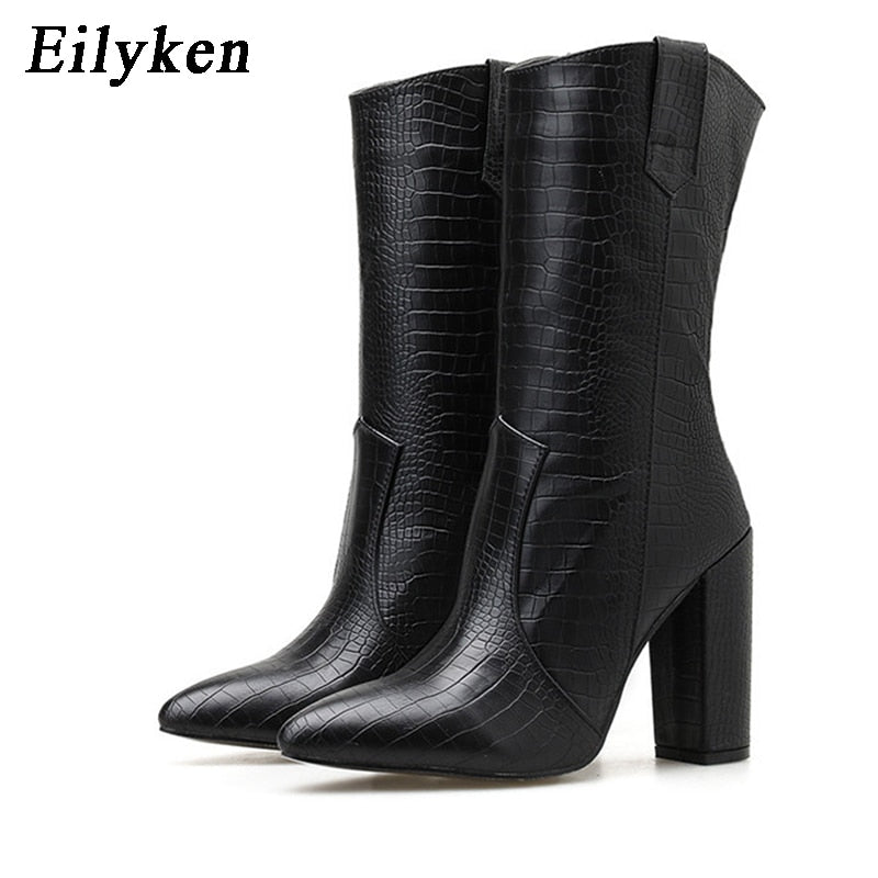 Eilyken 2022 Motorcycle Western Cowboy Boots Women Crocodile PU Leather Short Cossacks High Heels Cowgirl Booties Ankle Botas