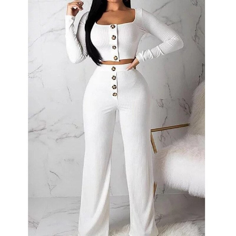 Cardigan Slim Two Piece Set Women Knitted Tracksuit Sexy Crop Top Pants Solid Color Sweatpants Fitness Sweatsuit 2020 Fall