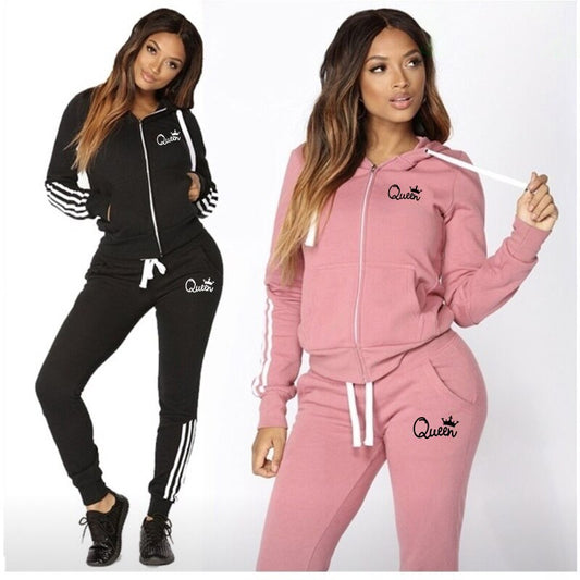Women's Hot Long-sleeved Sweater Trousers 2PCS Sportswear Tracksuits Fashion Print QUEEN Hooded Joggers Sports Sets Spring Fall