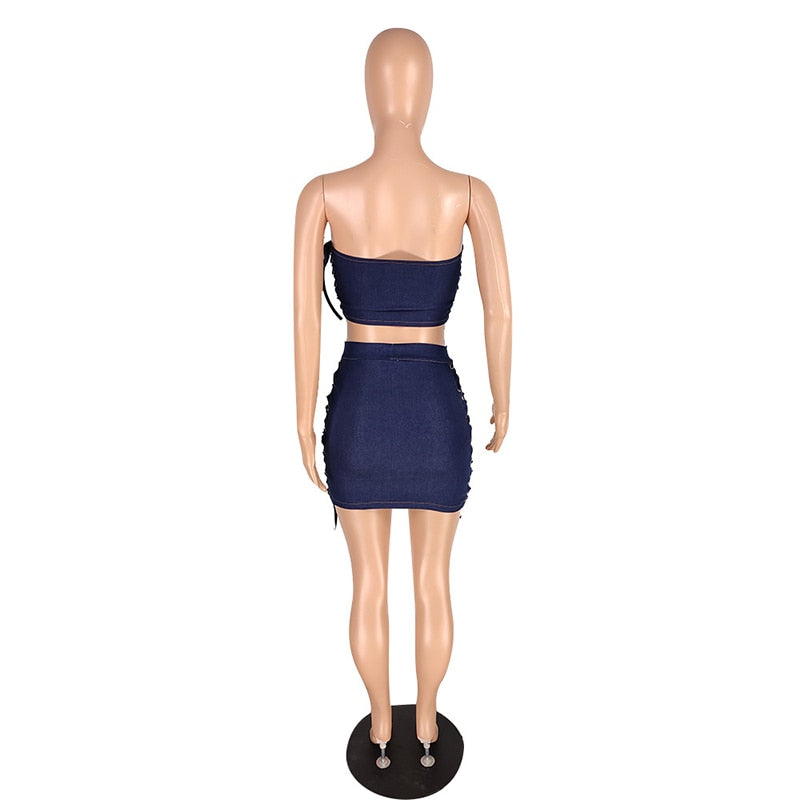 Beyprern Fashion Hollow Out Laced Denim Skirt Set (Navy) Summer Women  Jeans Crop Top And Bandage Set Two-Piece Outfits Clubwear