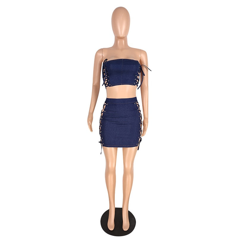 Beyprern Fashion Hollow Out Laced Denim Skirt Set (Navy) Summer Women  Jeans Crop Top And Bandage Set Two-Piece Outfits Clubwear