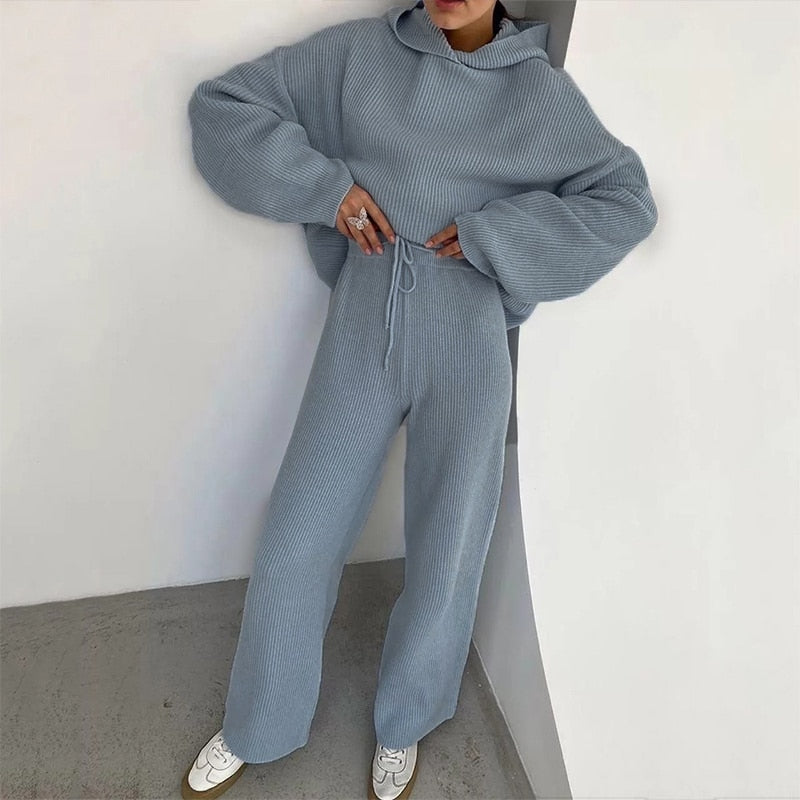 Autumn Knitted Sweat Suits Women Matching Sets Long Sleeve Hoodie+wide-legged Pants Loungewear Sweater Set Two Piece Outfits