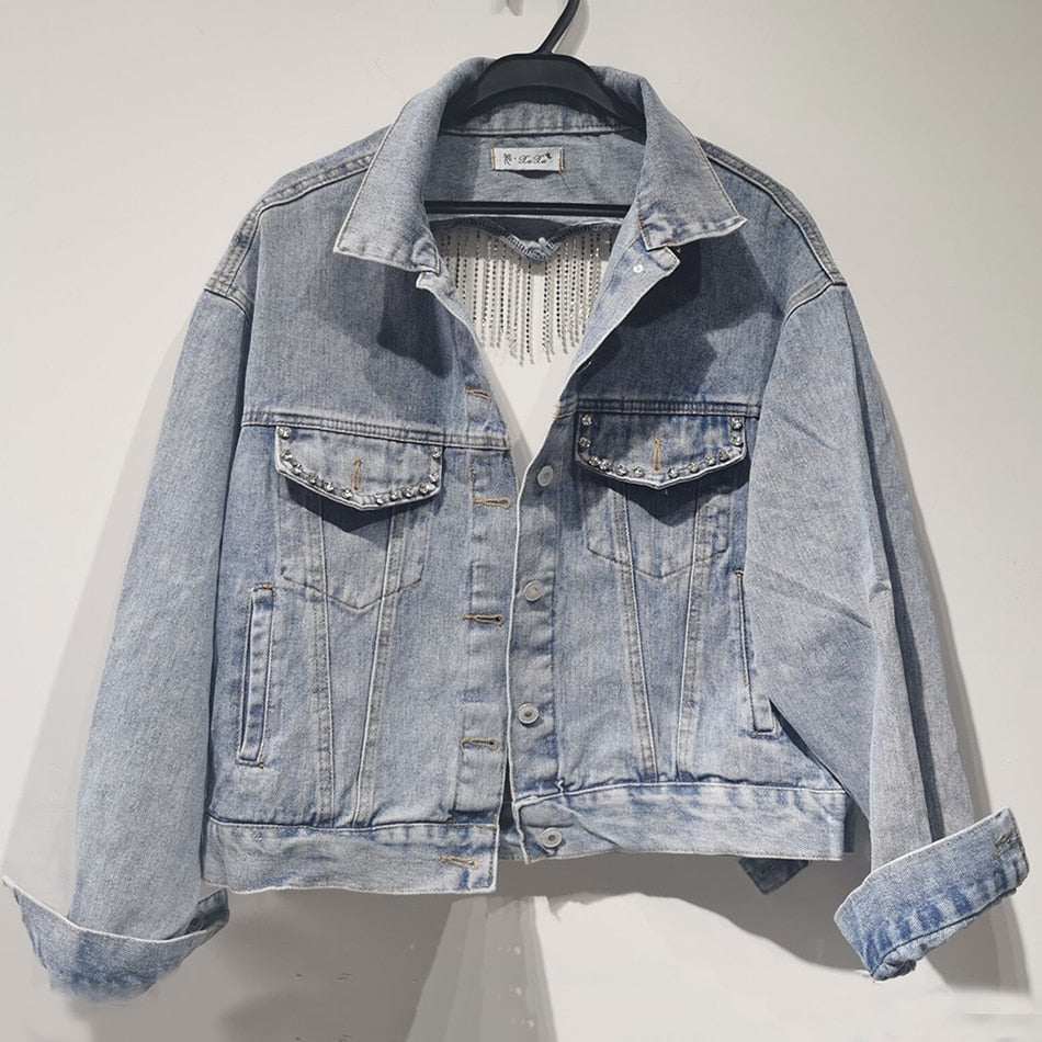 Denim Jacket Female Light Blue Diamond Tassel Coat Single-Breasted Open Back Women Jeans Coat 2021 Autumn Fashion New Clothing