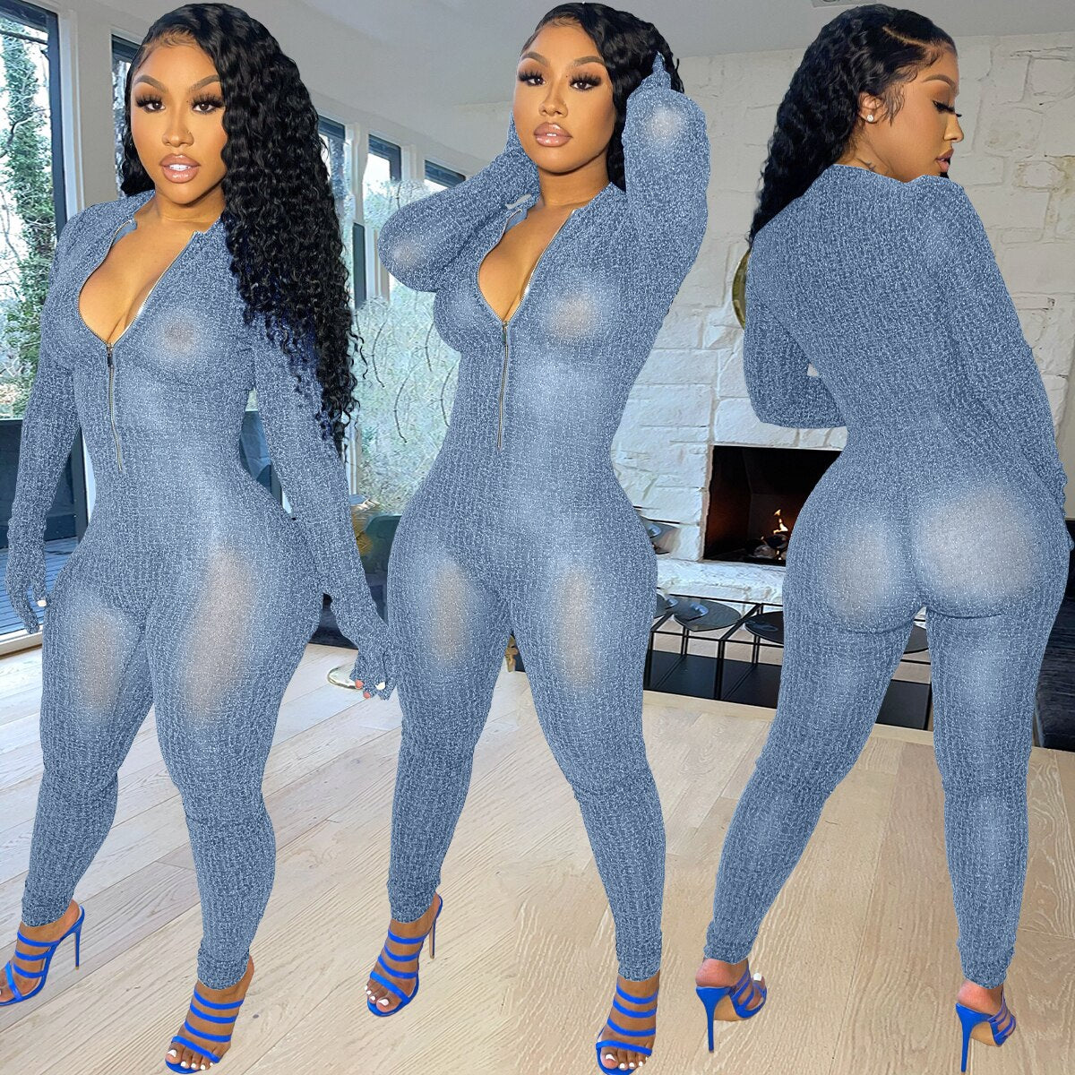 Glitter Silk Striped Fitness Rompers Womens Jumpsuits Workout Sporty Active Wear Fashion Long Sleeve Zipper Bodycon Jumpsuits