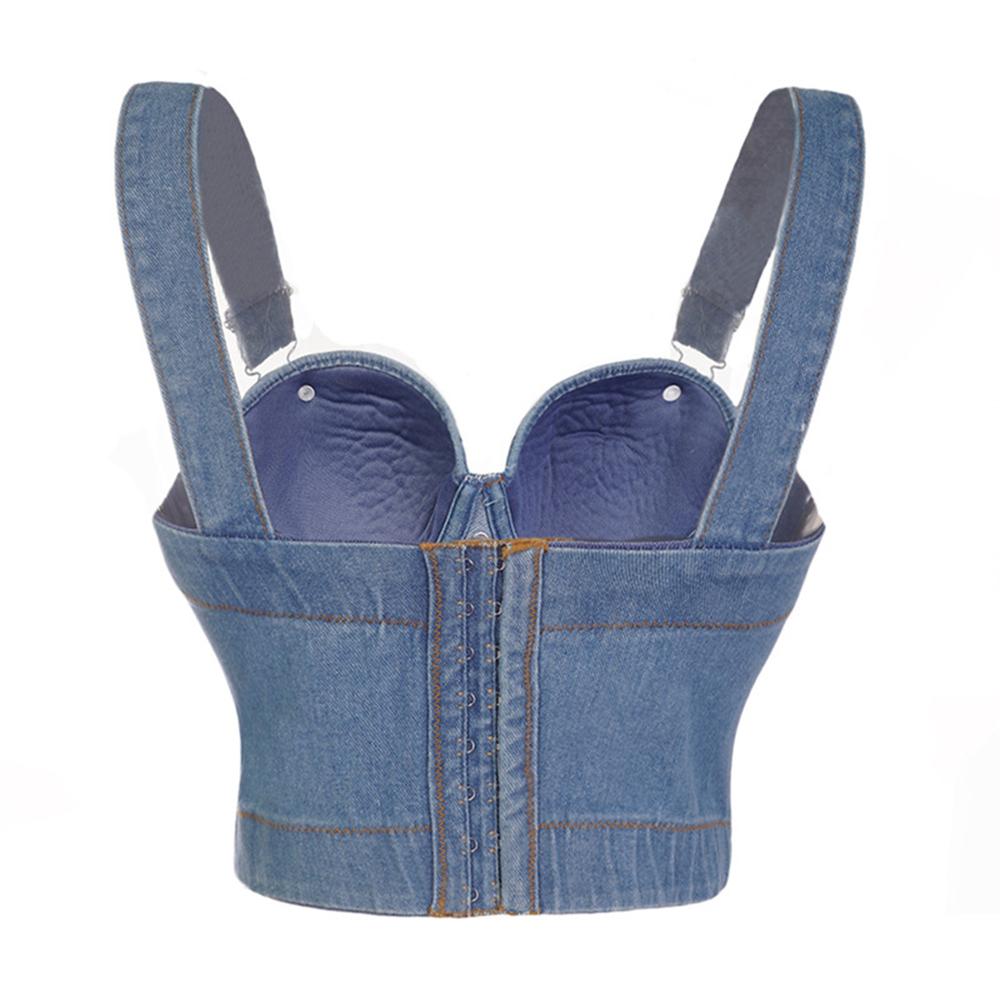 SXTHAENOO Fashion Sexy Denim Jeans Women's Button Bustier Bra Night Club Party Cropped Top Vest Plus Size