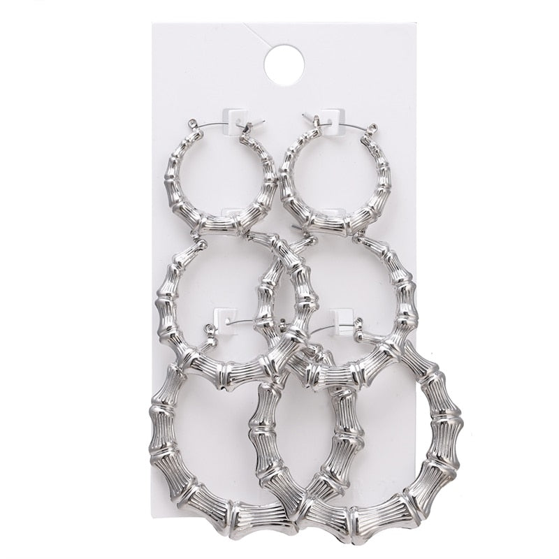 FNIO Statement Gold/Sliver Big Bamboo Circle Hoop Earrings For Women Hip Hop Earrings set Classic Jewelry 3pcs/set