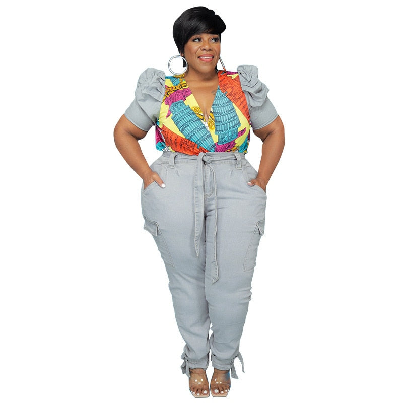 Plus Size Tracksuit Women Two Piece Set Autumn Clothes Denim V Neck Top and Jeans Pants Leisure Suits Female Casual Outfits