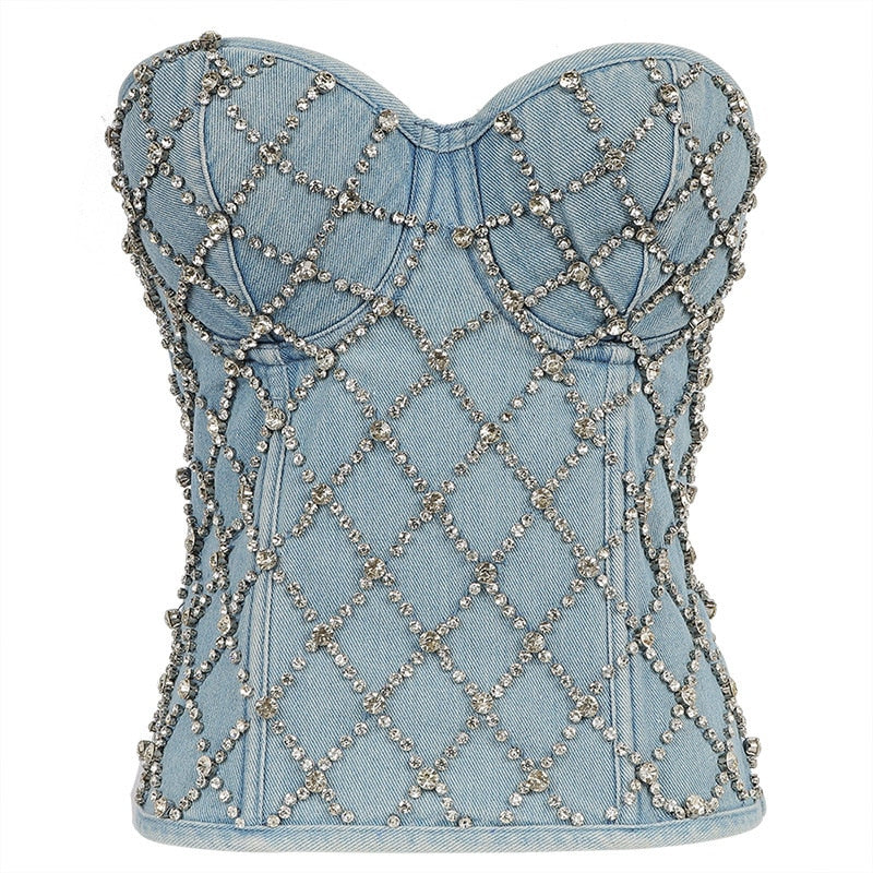Sexy halter Denim Rhinestone corset crop top women corset tube top woman built in bra sequins off shoulder sleeveless jeans tee