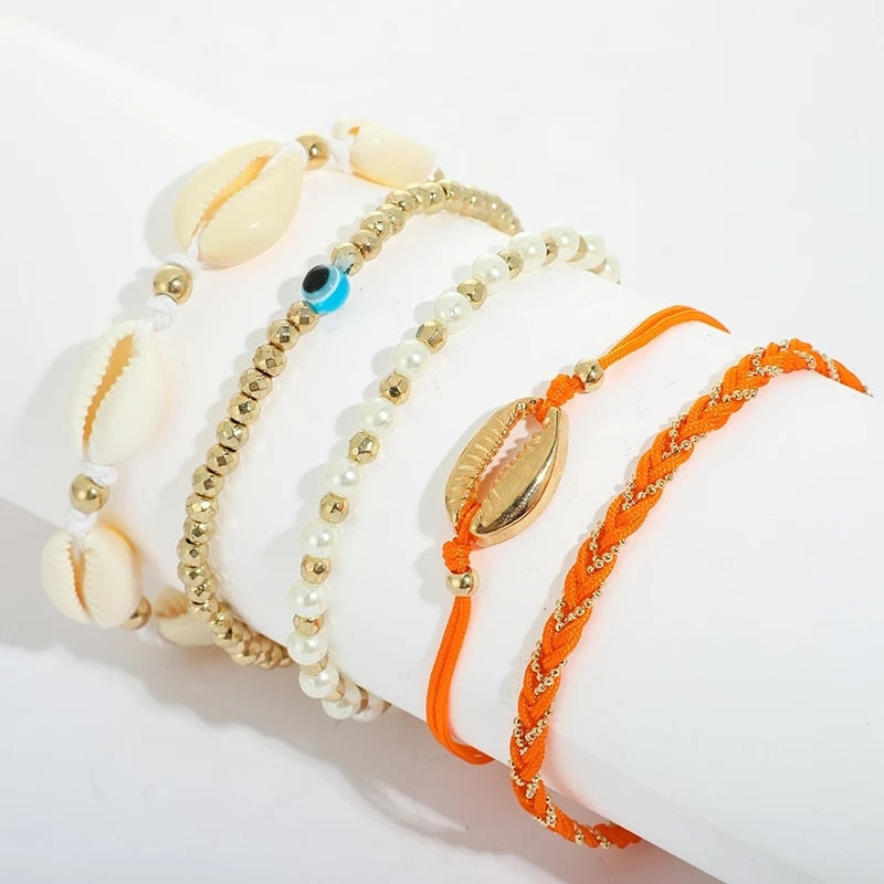 docona Boho Handmade Shell Seed Beads Anklet Set for Women Multilayer Broken Stones Summer Ocean Beach Foot Chains Jewelry 9426