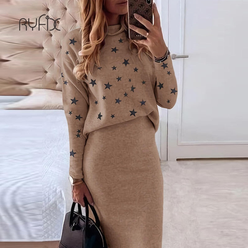 2022 Autumn winter Women Skirt 2 Piece Set Long Sleeve Turtleneck Slim Skirt Set Elegant Office Lady Knitted Sweater Skirt Suit
