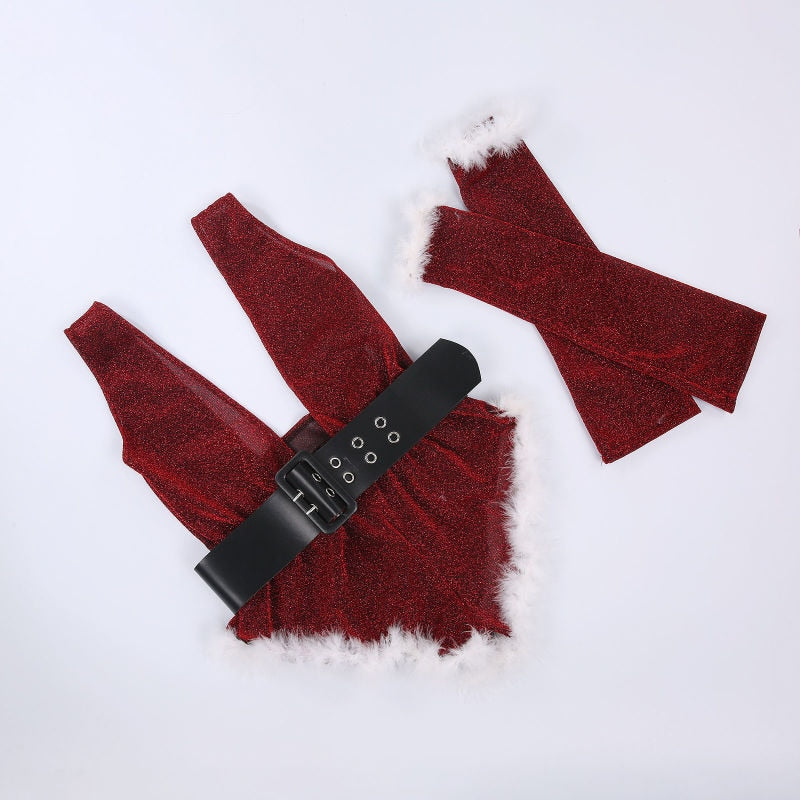 Christmas Bodysuit Women Sexy Deep-V Neck Rompers Hat Sleeve Bodysuit 4 Piece Set Santa Suit Christmas Party Sexy Lingerie