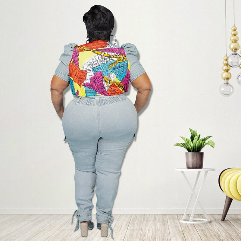 Plus Size Tracksuit Women Two Piece Set Autumn Clothes Denim V Neck Top and Jeans Pants Leisure Suits Female Casual Outfits