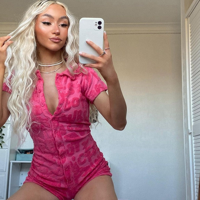 Letter Print Button Romper Women Skinny Playsuit Homewear Outfits Lounge Wear Pajamas Shorts Jumpsuit Summer Overalls Streetwear