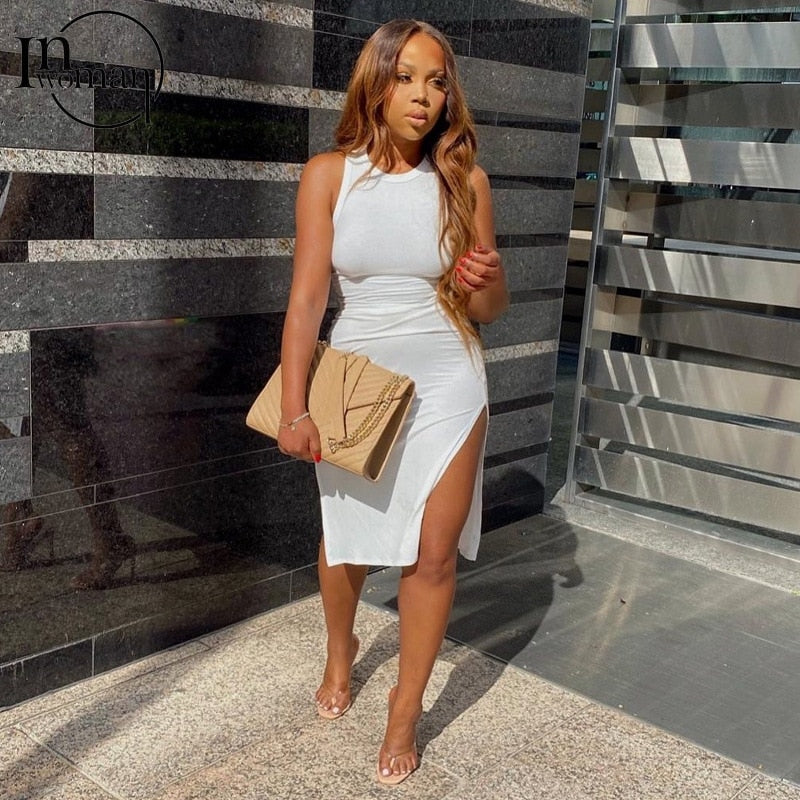 Inwoman Ribbed Knitted Summer Black White Maxi Dress For Women 2022 Sexy Bodycon Long Dress Sundress Ladies Brown Wrap Dresses