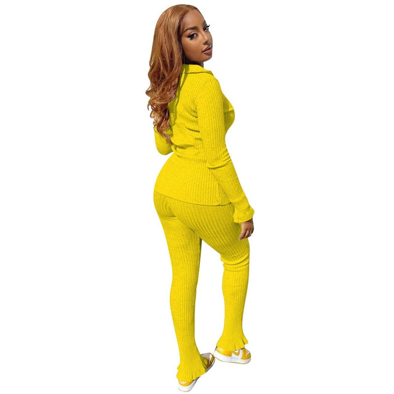 Autumn Women Knitted Tracksuit Long Sleeve Cardigan Sweater Skinny Pants Two Piece Set Ribbed Leggings Streetwear Outfits Ladies